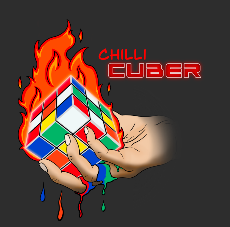 Personal logo design of Chilli Cuber A hand holding a Rubik's Cube on fire melting through the fingers with colourful drips, titled "Chilli Cuber."